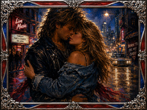 Kung Fu Hand Painting - Rain-soaked city streets glow beneath neon signs as two young lovers hold each other close, nearly kissing amid wind, headlights, and reflected colour. Black leather, worn denim, and sweeping red fabric bring bold 1980s rock romance, while the intricate chrome frame with red and blue inlay adds dramatic polish.