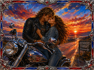Kung Fu Hand Painting - A chrome motorcycle gleams beside an open road while a windswept couple share a tender sunset embrace. Fiery clouds, distant lights, polished metal, leather, and denim create freedom, devotion, and youthful adventure. The elaborate chrome frame, enriched with red and blue inlay and winged hearts, completes the romantic rock vision.