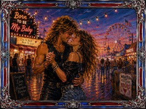 Kung Fu Hand Painting - Twilight carnival lights surround a joyful couple dancing closely beneath glowing bulbs and a towering Ferris wheel. Neon signs, bustling crowds, wet boardwalk reflections, and vivid sunset colour capture carefree love and rock-and-roll energy. An ornate chrome frame with red and blue inlay and complex corners gives the celebration brilliant gallery presence.