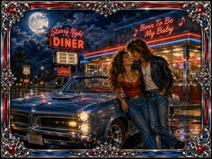Kung Fu Hand Painting - Moonlight, diner neon, and rain-polished pavement surround a laughing couple leaning against a gleaming classic convertible. Warm windows, red and blue reflections, vintage roadside signs, and rich chrome details create a nostalgic promise of love and adventure. The elaborate metallic frame crowns this vibrant romantic rock-era dream with polished elegance.