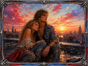 Kung Fu Hand Painting - Dawn spills across the city as a devoted couple rests together on a weathered rooftop after a night of music. A glowing skyline, guitar, scattered belongings, distressed denim, and fiery clouds suggest loyalty, struggle, and hope. The ornate chrome frame with red and blue inlay preserves their quiet promise in bold detail.