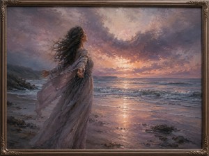 Kung Fu Hand Painting - Standing before a radiant evening horizon, a solitary woman opens her arms to the ocean wind. Rolling waves, glowing clouds, and reflective sands surround her with quiet strength. The scene captures a deeply personal moment of release, where uncertainty fades and the heart finally accepts peace beneath the changing sky.
