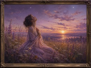 Kung Fu Hand Painting - Among lavender wildflowers and golden grasses, a woman kneels beneath a violet sunset, holding her hands close to her heart. Her upward gaze suggests vulnerability, trust, and emotional surrender. Distant water and fading light create a tender landscape filled with reflection, hope, and the gentle promise of renewal.