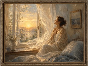 Kung Fu Hand Painting - Golden morning light pours through an open window as sheer curtains rise softly in the breeze. Wrapped in pale fabric, a woman rests beside the glowing landscape with one hand over her heart. This intimate scene portrays the quiet acceptance that arrives when resistance ends and emotional healing begins.