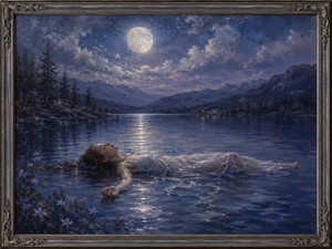 Kung Fu Hand Painting - Floating beneath a luminous full moon, a woman allows the still lake to carry her through the night. Silver reflections, distant mountains, and quiet shoreline lights surround her peaceful form. The painting symbolizes complete trust, emotional release, and the freedom discovered when the soul finally lets go.