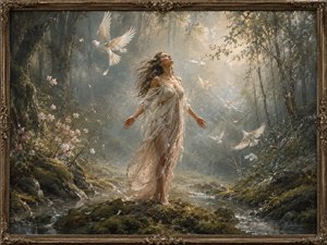 Kung Fu Hand Painting - In a misty woodland clearing, a woman stands barefoot with open arms as white doves rise through shafts of light. Flowing fabric, moss-covered stones, and delicate blossoms create an atmosphere of grace and rebirth. The scene celebrates surrender as a courageous path toward freedom, hope, healing, and renewal.