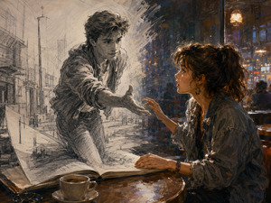 Kung Fu Hand Painting - A young woman sits in a dimly glowing cafe as a mysterious man reaches toward her from an open sketchbook. Pencil streets and buildings rise from the pages, blending with the painted room. Their hesitant hands nearly meet, capturing wonder, romance, and the thrilling possibility of stepping into another world.