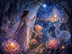 Kung Fu Hand Painting - Beneath a brilliant moon, an enchanted woman steps through a shimmering forest toward a glowing castle. Crystal deer, enormous illuminated flowers, and sparkling waterfalls awaken around her. The scene captures the quiet wonder of discovering that love, courage, and belief can open a hidden path into a beautiful new life.