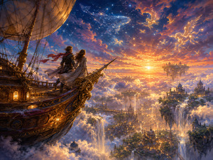 Kung Fu Hand Painting - Two travelers stand together aboard an ornate airship sailing above a vast kingdom of clouds. Glowing constellations become whales, winged horses, and celestial creatures while floating islands and waterfalls surround them. The golden horizon suggests adventure, companionship, and the thrilling freedom of watching shared dreams expand beyond every imagined limit.