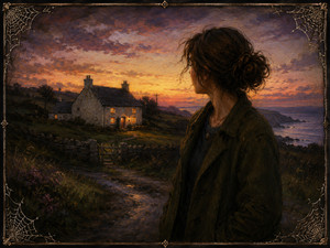 Kung Fu Hand Painting - A solitary woman looks back toward a warmly lit coastal cottage as sunset spreads across rugged hills and quiet water. A winding path, stone walls, wildflowers, and delicate spider webs frame her longing. Rich brushwork transforms homecoming, distance, family roots, and remembered belonging into a deeply atmospheric painted reflection beautifully.