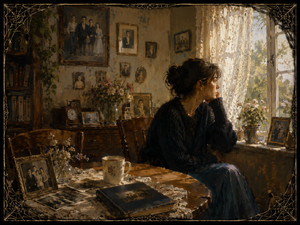 Kung Fu Hand Painting - Surrounded by framed family portraits, old photographs, flowers, lace, and a treasured album, a thoughtful woman sits beside a sunlit window. Warm interior light and quiet household details preserve generations of memory. An intricate spider-web border encloses this tender meditation on absence, inheritance, love, and the enduring presence of home.