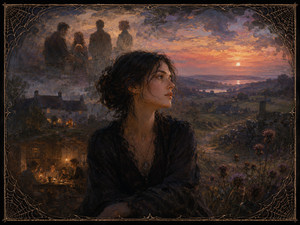 Kung Fu Hand Painting - At twilight, a solitary woman rests before a sweeping countryside while translucent family memories gather around her: loved ones, a glowing cottage, and an intimate supper. Sunset water and purple thistles deepen the longing. An elegant spider-web frame contains this haunting tribute to ancestry, connection, home, and memories that remain.