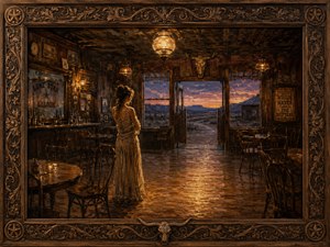 Kung Fu Hand Painting - A solitary woman waits inside an empty Western saloon, surrounded by vacant tables and warm amber lanterns. Beyond the open doors, the desert glows beneath a fading sunset, yet no riders appear. The ornate longhorn frame deepens this haunting portrait of vanished romance, unanswered expectations, and the passing cowboy myth.