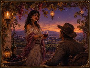 Kung Fu Hand Painting - Beneath lantern-lit grapevines, a mysterious woman offers a glass of deep red summer wine to a rugged traveler. The glowing vineyard, distant mountains, crescent moon, and richly carved golden frame create a romantic scene filled with temptation, warmth, and the dreamy intoxication of a perfect summer evening.