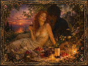 Kung Fu Hand Painting - A red-haired woman reclines among wildflowers, strawberries, grapes, candles, and wine while her shadowed companion leans close. Sunset light shimmers across the distant water, blending romance with memory and enchantment. The ornate floral frame completes this lush, intimate celebration of summer wine and irresistible desire.