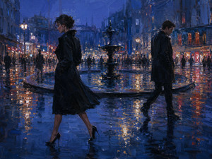 Kung Fu Hand Painting - A woman and man circle a rain-darkened city fountain while passing without meeting. Deep blue evening tones, glowing storefronts, blurred pedestrians, and trembling reflections surround their separate paths. The repeating movement suggests unresolved attraction, emotional distance, and two lives returning endlessly to feelings neither person can fully escape or express.