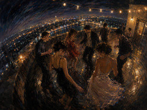 Kung Fu Hand Painting - Above a glowing city, dancers gather beneath warm string lights on a rain-polished rooftop. Swirling brushwork carries the group around the terrace in a hypnotic rhythm while one red dress catches the night. The scene blends attraction, freedom, celebration, and melancholy, preserving a fleeting moment that seems destined to repeat.