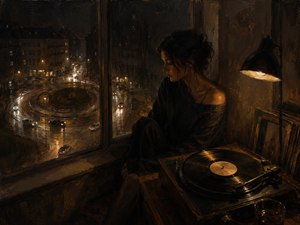 Kung Fu Hand Painting - A solitary woman sits beside a spinning vinyl record while traffic circles through rain-bright streets below. Warm lamplight, dark clothing, stacked albums, and the glowing roundabout create an intimate atmosphere of memory and isolation. Every circular form suggests thoughts returning repeatedly, turning through longing without discovering a final answer or release.