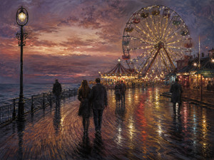 Kung Fu Hand Painting - A couple walks along a wet seaside boardwalk as a brilliant Ferris wheel turns above carnival lights and twilight water. Golden reflections curve across the wooden planks while distant visitors drift through the evening. The scene transforms romance, nostalgia, uncertainty, and passing time into one luminous cycle of returning memories and desire.