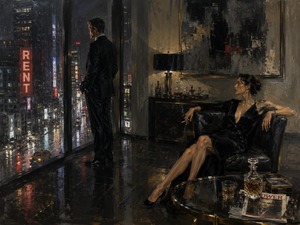 Kung Fu Hand Painting - High above a rain-soaked city, a sharply dressed couple occupies a luxurious apartment filled with polished glass, dark marble, and quiet tension. He watches the neon streets from the window while she reclines in guarded elegance, revealing a relationship shaped by wealth, dependence, distance, and unspoken control.
