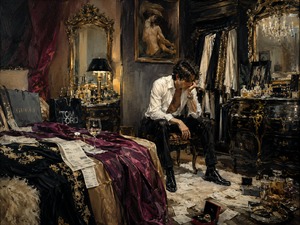 Kung Fu Hand Painting - Alone in an extravagant dressing room, a weary man sits surrounded by designer bags, scattered receipts, jewelry, perfume, and expensive clothing. The glamorous surroundings cannot hide his exhaustion. Rich fabrics, gilded mirrors, and dramatic shadows transform the room into a portrait of luxury, emotional debt, and private despair.