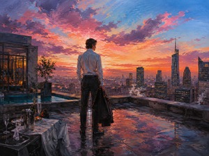 Kung Fu Hand Painting - Dawn spreads brilliant pink, orange, and violet light across the city as a solitary man stands on a wet rooftop terrace. Holding his coat beside the remains of an elegant celebration, he faces the horizon with uncertainty. The scene suggests awakening, freedom, regret, and the difficult price of independence.