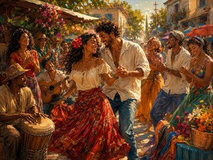 Kung Fu Hand Painting - A joyful couple dances through a sunlit street festival as musicians, friends, and vendors celebrate around them. Flowing skirts, hand drums, guitars, flower stalls, and colorful awnings fill the scene with movement. Warm golden light captures the songs welcoming spirit, where love feels open, spontaneous, and impossible to resist.