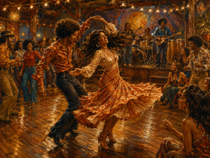 Kung Fu Hand Painting - Inside a glowing retro dance hall, an energetic couple spins across the polished wooden floor while a live band performs behind them. Friends clap, laugh, and gather close beneath warm strings of lights. Swirling fabric, rhythmic movement, and rich amber tones transform the room into a celebration of attraction, music, and shared joy.