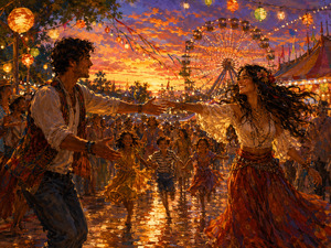 Kung Fu Hand Painting - At a vibrant fair beneath a fiery sunset, two lovers reach toward one another through a bustling crowd. Children run along the illuminated pathway while lanterns, streamers, tents, and a glowing Ferris wheel fill the evening. Their approaching hands capture the excitement of reunion and the irresistible invitation to embrace love.