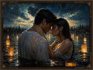 Kung Fu Hand Painting - A dramatic romantic hand-painted scene shows two lovers standing waist-deep in dark water, wrapped in a quiet, intimate embrace. Soft lanterns float around them, casting warm golden reflections across the surface, while a stormy twilight sky and distant city lights create a moody, emotional atmosphere. The rich brushwork, glistening wet clothing, and ornate frame deepen the sense of passion, longing, and vulnerable connection.