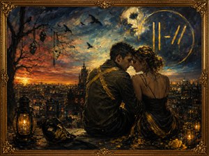 Kung Fu Hand Painting - Two lovers sit close above a glowing city, finding tenderness within a world of masks, ravens, and hidden judgment. Fiery sunset light clashes with a brooding blue sky, while lanterns and golden details surround them with fragile warmth. The scene portrays forbidden trust, emotional danger, and love surviving among outsiders.