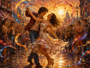 Kung Fu Hand Painting - A joyful couple dances through a glowing city street as friends, musicians, and strangers cheer them on. Swirling ribbons of color form a radiant heart behind them, capturing the irresistible excitement of falling in love and being completely carried away by happiness, rhythm, and spontaneous celebration.