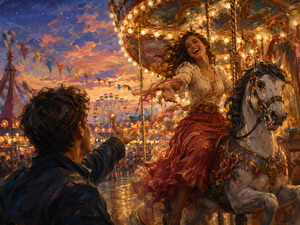 Kung Fu Hand Painting - At a brightly illuminated carnival, a laughing woman rides a magnificent carousel horse while reaching toward the man below. Flowing fabric, spinning lights, colorful banners, and a distant Ferris wheel create a romantic moment filled with playful longing, exhilaration, and the dizzying thrill of emotional attraction.