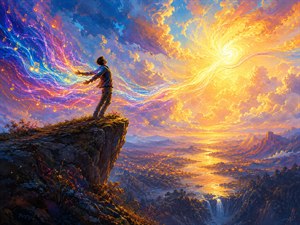 Kung Fu Hand Painting - Standing at the edge of a vast cliff, a lone figure opens himself to brilliant streams of music and light sweeping across the sky. The glowing valley below and radiant horizon symbolize surrendering to an overwhelming feeling, where hope, wonder, and emotion become an unstoppable force pulling him forward.