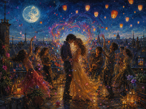 Kung Fu Hand Painting - Beneath a glowing moon, two lovers embrace at the center of a magical rooftop celebration. Friends dance around them while musicians play, petals drift through the air, and golden lanterns rise above the city. A swirling heart of color captures the intoxicating beauty of love, music, and shared happiness.