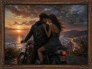 Kung Fu Hand Painting - A young couple pauses on a classic motorcycle above a glowing coastal city, sharing an intimate moment beneath a turbulent sunset sky. Golden light spills across the ocean as distant traffic winds through the hills. Rich brushwork, dramatic clouds, and an ornate bronze frame express freedom, uncertainty, devotion, and romantic escape.