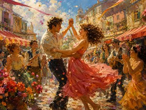 Kung Fu Hand Painting - A joyful couple dances through a sunlit village celebration as ribbons, petals, and laughter fill the air. Surrounded by musicians, flowers, and cheering friends, their spontaneous movement captures the instant affection becomes irresistible. Warm light and lively color turn the crowded street into a radiant beginning.
