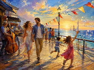 Kung Fu Hand Painting - Along a glowing seaside promenade, a smiling couple walks hand in hand while musicians play and children chase shimmering bubbles. Colorful flags dance in the ocean breeze as sailboats drift across the horizon. The scene celebrates carefree companionship, shared laughter, and the simple happiness of allowing love to begin.