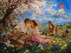 Kung Fu Hand Painting - Under flowering trees, a young couple shares a tender moment during a cheerful countryside picnic. Friends laugh, kites rise into dramatic clouds, and wildflowers surround the overflowing picnic blanket. The bright spring landscape reflects new affection, freedom, and the playful optimism of two hearts discovering a future together.