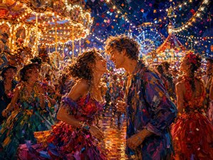 Kung Fu Hand Painting - Beneath dazzling carnival lights, a laughing couple finds each other amid music, confetti, carousel horses, and a swirling crowd. Their bright clothing and joyful expressions stand out against the glowing nighttime festival. The painting captures romance beginning unexpectedly, carried forward by celebration, movement, and fearless happiness.