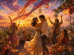 Kung Fu Hand Painting - High above the awakening city, a couple embraces and dances in a flower-filled rooftop garden. Friends celebrate beneath lanterns and flowing ribbons as golden sunlight spreads across the skyline. The dramatic sunrise symbolizes hope, freedom, and the beautiful promise created when two people finally let loving start.