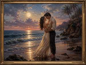 Kung Fu Hand Painting - A barefoot couple embraces along a moonlit shoreline as sunset colors fade into deep evening blue. Waves shimmer across wet sand while cliffs, palms, and distant coastal lights frame their quiet moment. Their closeness suggests a love that feels natural, timeless, and impossible to resist.