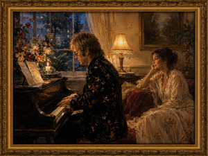 Kung Fu Hand Painting - Inside a warmly lit music room, a pianist plays beside an open window while his beloved listens from a nearby sofa. Flowers, candles, sheet music, and soft lamplight create an intimate atmosphere. The scene captures the sincerity of offering someone a simple, personal song from the heart.