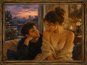 Kung Fu Hand Painting - A couple shares a quiet evening in a cozy apartment overlooking the city at dusk. The man watches the woman with open admiration while she smiles shyly beneath a soft wrap. Candlelight, flowers, and glowing windows emphasize affection built on acceptance, honesty, and natural beauty.