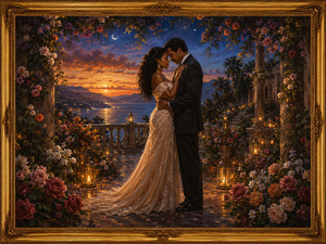 Kung Fu Hand Painting - Two elegantly dressed lovers stand forehead to forehead within a magnificent twilight garden overflowing with roses and glowing lanterns. Beyond the terrace, sunset reflects across distant water and mountain valleys. The richly illuminated scene expresses devotion without limits, where two lives appear completely joined.
