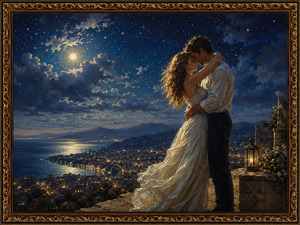 Kung Fu Hand Painting - High above a sparkling coastal city, a couple embraces beneath a vast moonlit sky filled with stars and glowing clouds. Her flowing white gown catches the night breeze while warm lantern light surrounds them. The elevated setting transforms their love into something joyful, peaceful, and almost celestial.