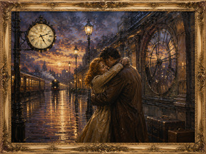 Kung Fu Hand Painting - At a rain-soaked railway station, two lovers reunite beneath towering clocks and glowing Victorian streetlamps. Wet pavement mirrors the warm evening light while a waiting train and stacked luggage suggest distance and return. Their tight embrace captures loyalty, relief, and the promise of always finding one another.