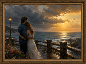 Kung Fu Hand Painting - A couple stands together on a weathered seaside walkway after a passing storm. Dark clouds retreat as golden sunlight breaks across the ocean, illuminating waves and wet wooden rails. Held securely in each others arms, they face the horizon with unwavering devotion and renewed hope.