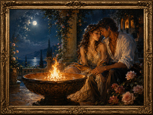 Kung Fu Hand Painting - In a moonlit courtyard, two lovers sit closely beside an ornate fire bowl whose bright flame warms their faces. Roses, climbing vines, classical columns, and distant water surround the intimate scene. The contrast between cool night and glowing fire symbolizes love that continues quietly and endlessly.