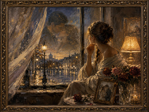 Kung Fu Hand Painting - A woman sits beside a rain-streaked window, gazing toward a city glowing with reflected streetlights. Roses, a framed photograph, and a softly lit lamp surround her, while the faint image of a former embrace appears within the glass. The scene preserves love as a beautiful, bittersweet memory.